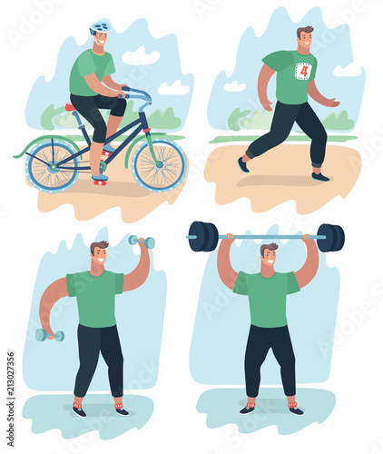 Set of man doing warm-up and exercises