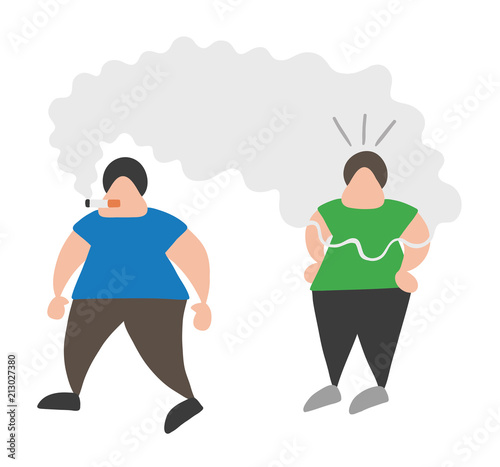 Vector cartoon man walking and bothering other man with smoke of cigarette