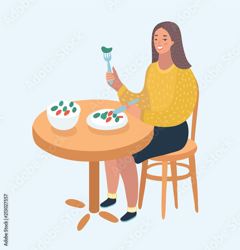 Beautiful woman eat  salad and hamburger. 