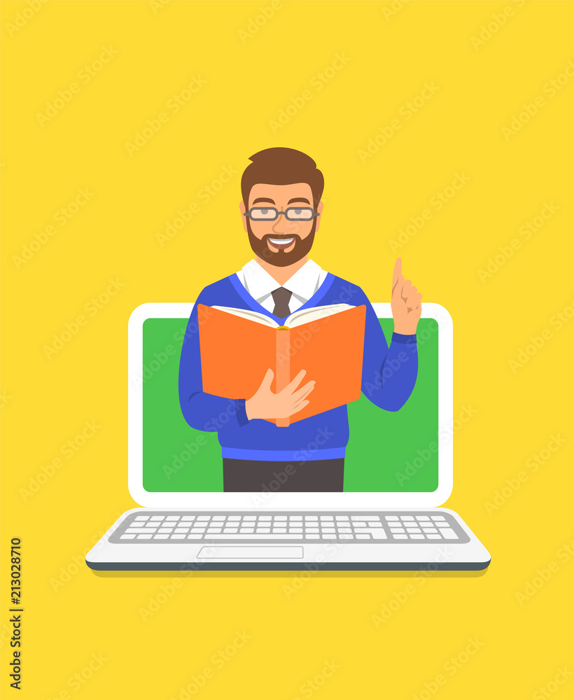 Online education concept. Young man teacher holds open book and lifts a finger up to share knowledge. Cartoon vector illustration. Distance learning by computer. Virtual library on internet Online education concept. Young man teacher holds open book and lifts a finger up to share knowledge. Cartoon vector illustration. Distance learning by computer. Virtual library on internet