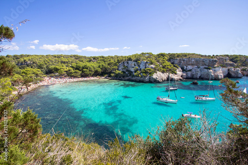 Boats and yachts on Macarella beach  Menorca  Spain