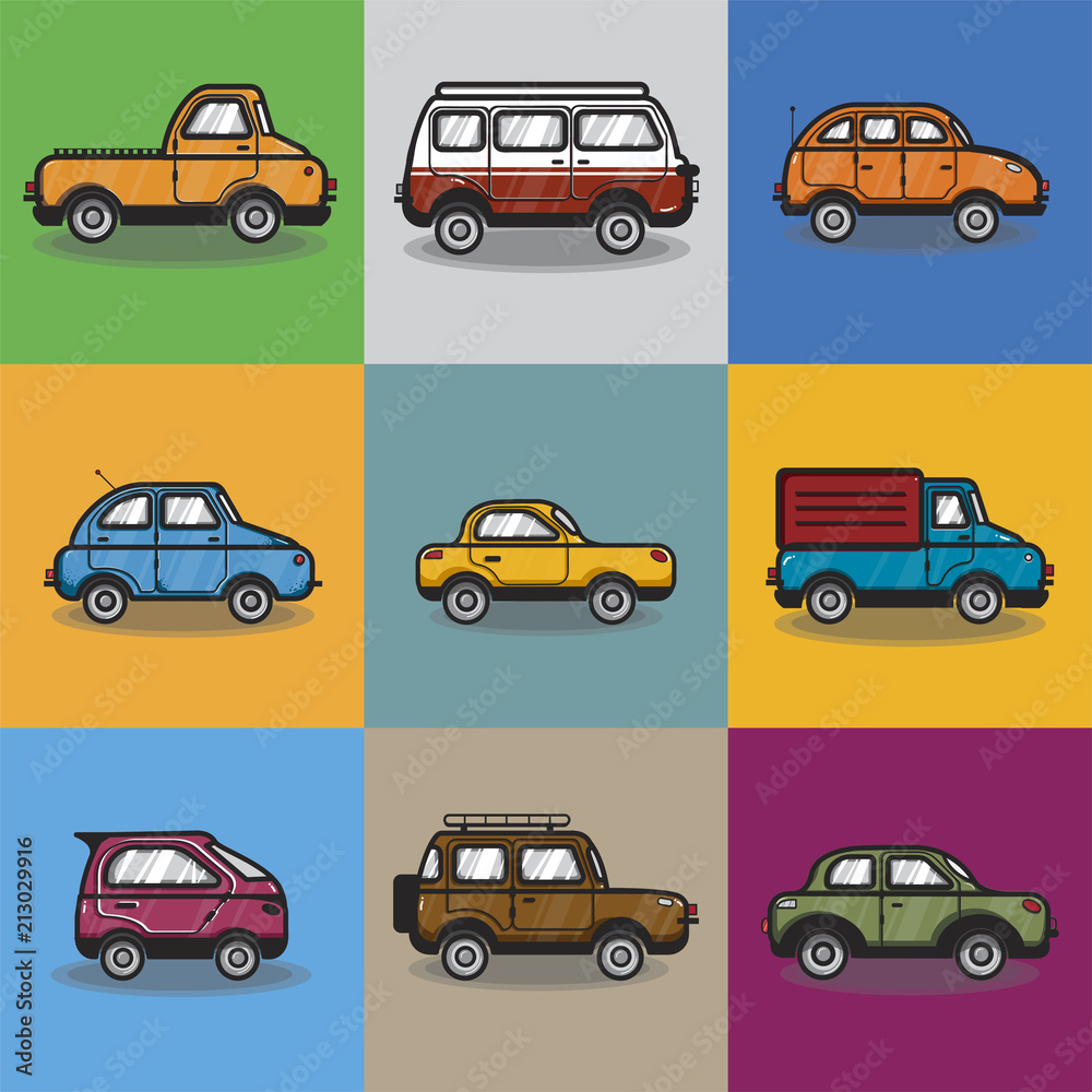 Collection of cars and trucks illustration