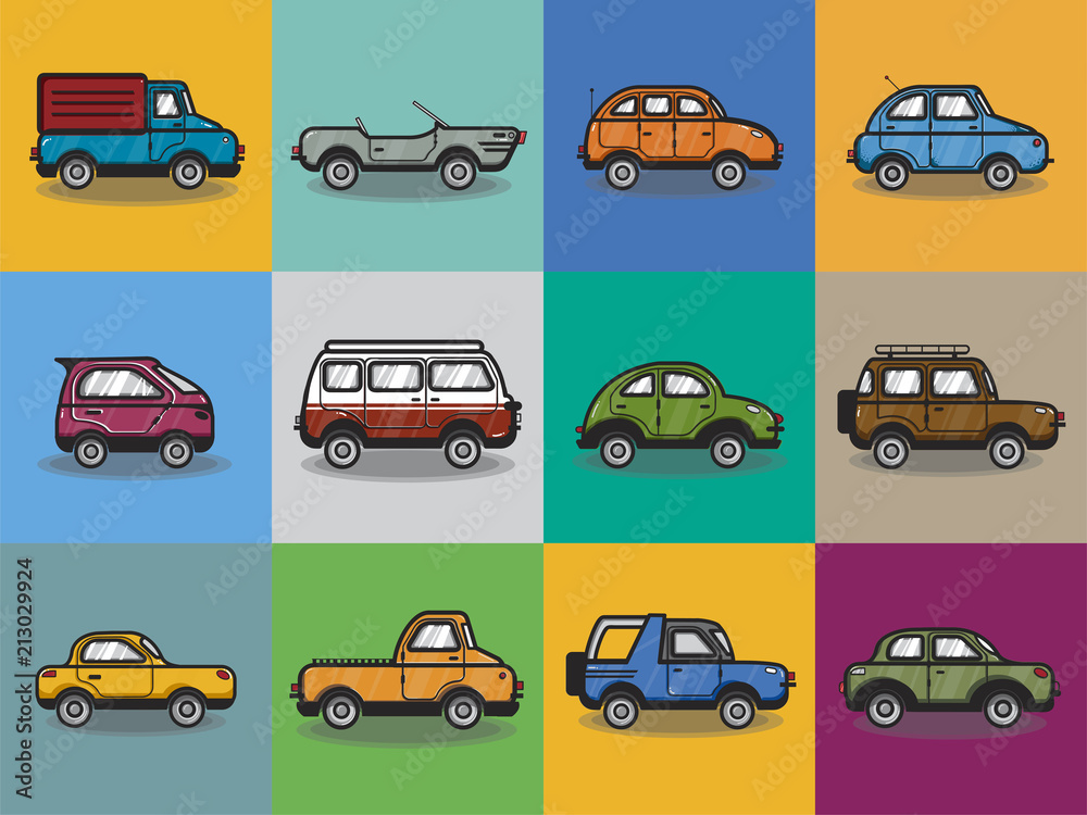 Obraz Collection of cars and trucks illustration