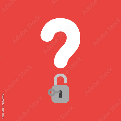 Vector icon concept of question mark with opened padlock with key on red background