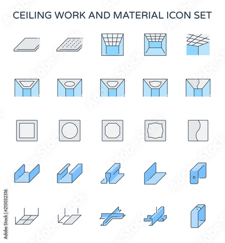 Ceiling work, material vector icon design i.e. board, plasterboard, drywall, gypsum panel for interior decoration of room, showroom, office by construction, installation, suspended on aluminium frame.