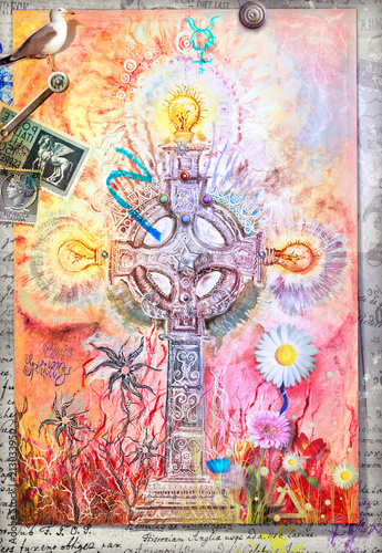Mystic celtic cross with colored flowers and alchemic symbols
