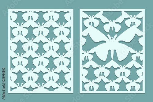 Die and laser cut ornate lace panels patterns with butterflies. Set of bookmarks templates. Cabinet fretwork panel. Laser Cut metal screen. Wood or paper carving.