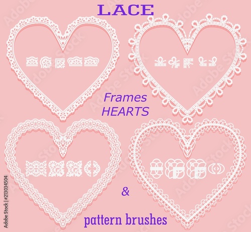 Set of openwork frames in the form of a heart and corresponding pattern brushes on a pink background. Element for decoration of wedding events, newborns and albums.