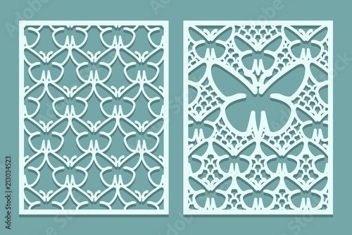 Die and laser cut decorative lace panels patterns with butterflies. Set of bookmarks templates. Cabinet fretwork panel. Laser Cut metal screen. Wood or paper carving.