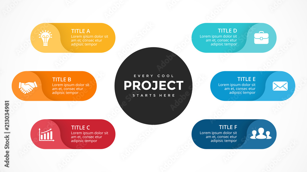 Vector circle arrows infographic, cycle diagram, labels graph, stickers presentation chart. Business concept with 6 options, parts, steps, processes. Slide template.