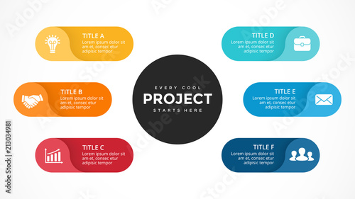 Vector circle arrows infographic, cycle diagram, labels graph, stickers presentation chart. Business concept with 6 options, parts, steps, processes. Slide template.