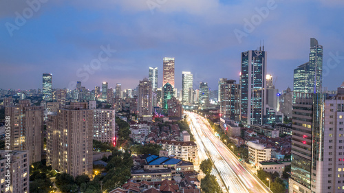 Aerial View of Yanan Rd, Jingan district, Shanghai in the evening on a cloudy day © Bob