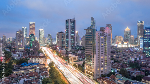 Aerial View of Yanan Rd, Jingan district, Shanghai in the evening on a cloudy day © Bob