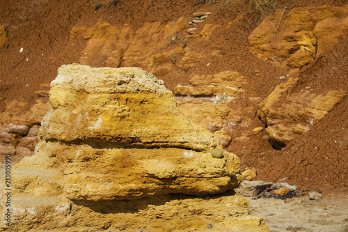 the surface texture of the slope from dry sand-clay granular soils with a reddish tinge photo