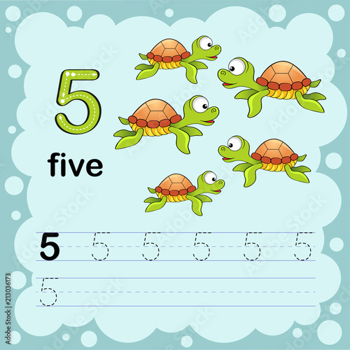 Educational illustration to learn how to count and write a number five.  Worksheet for kindergarten and preschool. Turtle