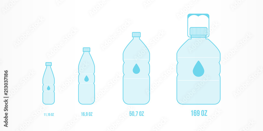 Plastic bottles with water icon set. Different sizes: 11,15oz, 16,9oz, 50,7oz, 169oz. Vector illustration, flat design Plastic bottles with water icon set. Different sizes: 11,15oz, 16,9oz, 50,7oz, 169oz. Vector illustration, flat design