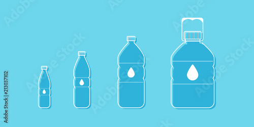 Plastic bottles with water icon set. Different sizes. Vector illustration  flat design