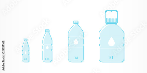 Plastic bottles with water icon set. Different sizes: 33cl, 0,5L, 1,5L, 5L. Vector illustration, flat design