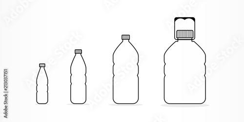 Plastic bottles with water icon set. Different sizes. Black outline. Vector illustration, flat design