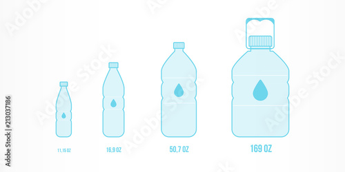 Plastic bottles with water icon set. Different sizes: 11,15oz, 16,9oz, 50,7oz, 169oz. Vector illustration, flat design