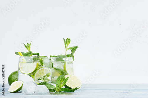 Cold detox summer mineral water with lime, mint, ice, straw on soft white background, copy space.