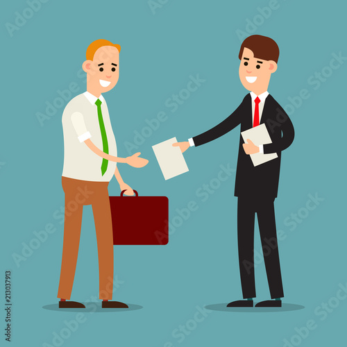 Businessman documents. Meeting of two businessmen for the transfer of papers. Transfer the contract from hand to hand. Receive documents. Cartoon illustration isolated on white background in flat