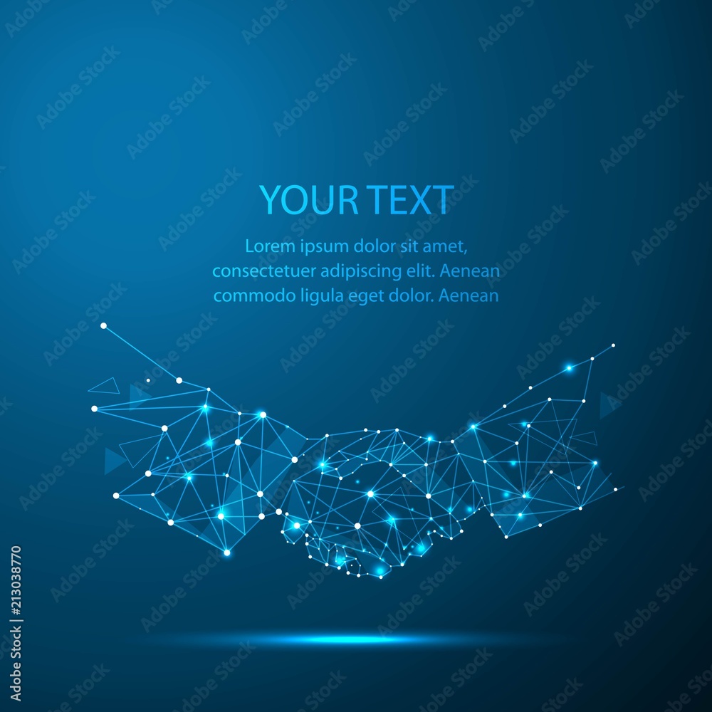 Obraz premium Abstract image handshake in the form of a starry sky or space, consisting of points, lines, and shapes in the form of planets, stars and the universe vector business wireframe concept