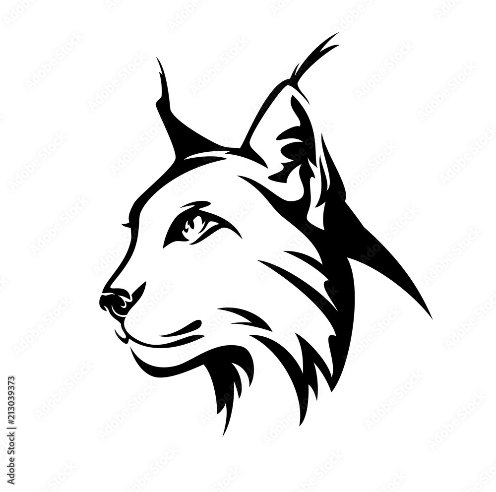 Naklejka premium ryś profil głowy - portret wektor czarno-biały widok z boku dzikiego kota