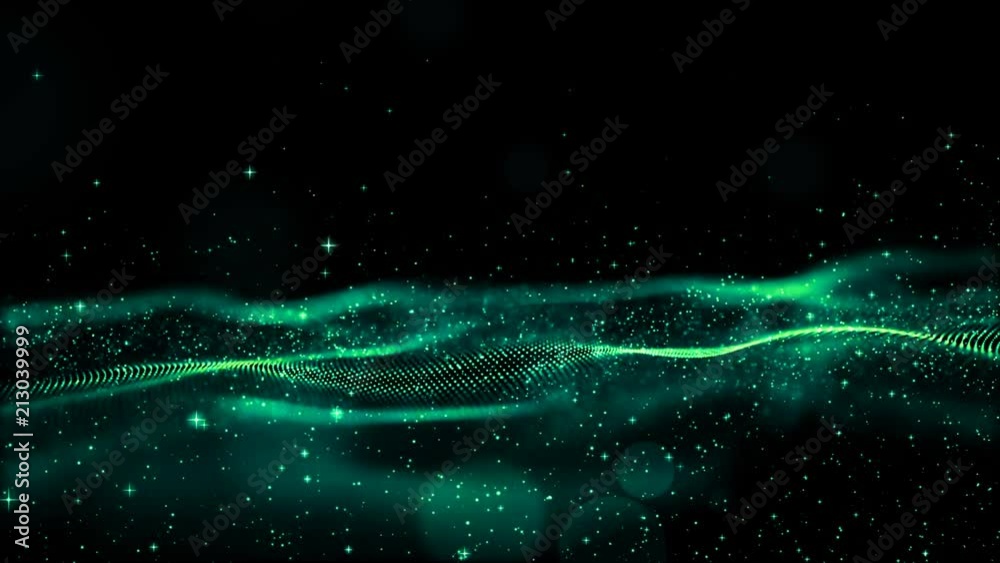 HI- TECH digital green color wave particles flow motion background