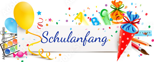 Schulanfang - Banner mit Schultüten, Lauftballons und Utensilien für die Schule