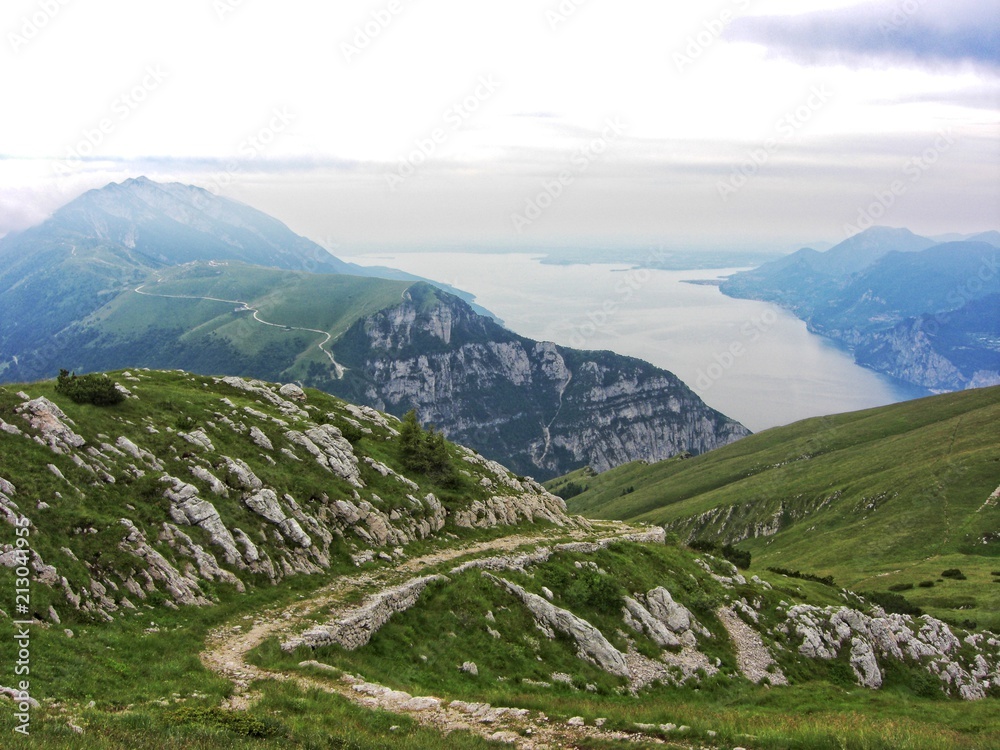 Lake Garda, Italy, July - hiking in beautiful landscape to Altissimo- great view to Lake Garda - summer day, Italy