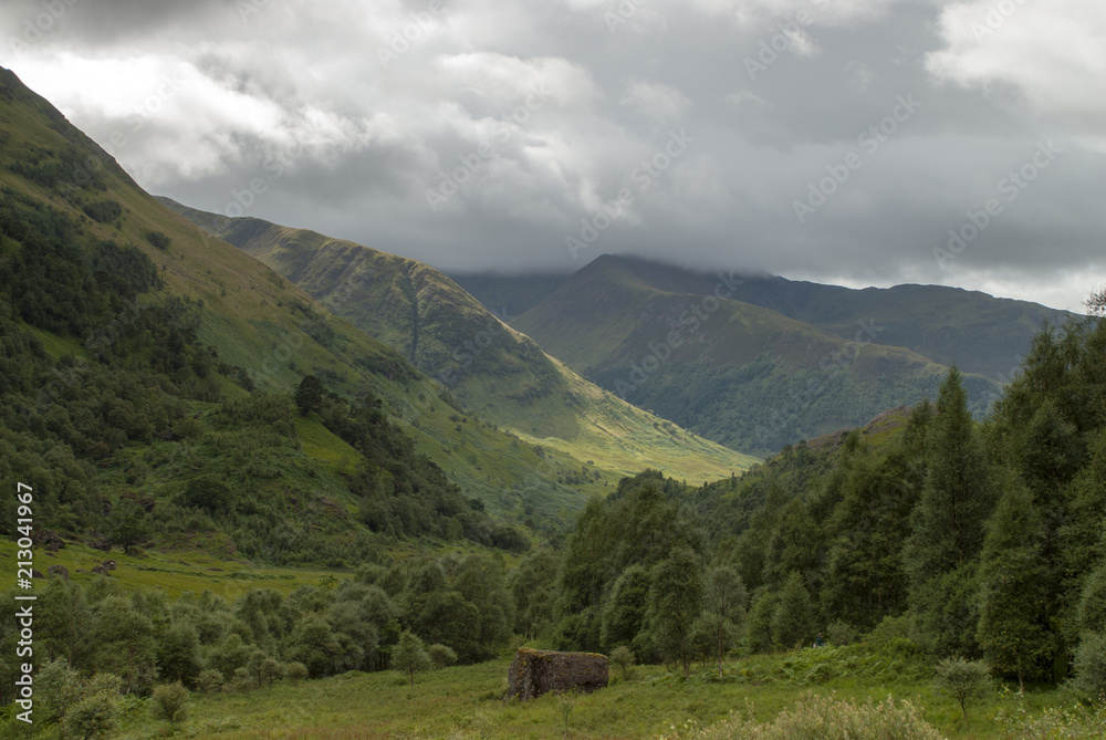 General views towards the Mamores near Water of Nevis and Steall Falls from a walk from Polldubh and Achriabhach in the foot hills of Ben Nevis, Highlands, Scotland