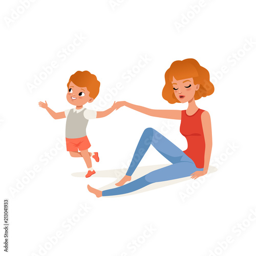 Tired mother and her son who wants to play, parenting stress concept, relationship between children and parents vector Illustration on a white background