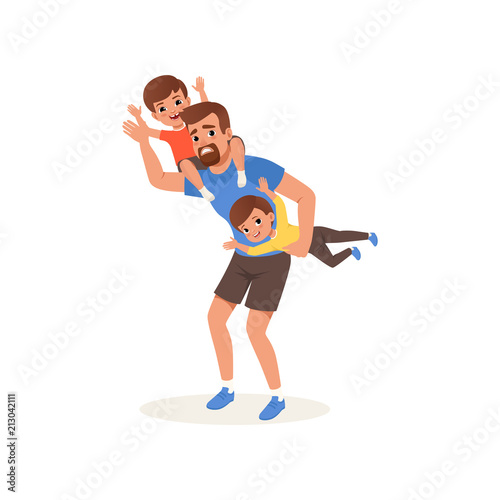 Tired father playing with his sons, parenting stress concept, relationship between children and parents vector Illustration on a white background