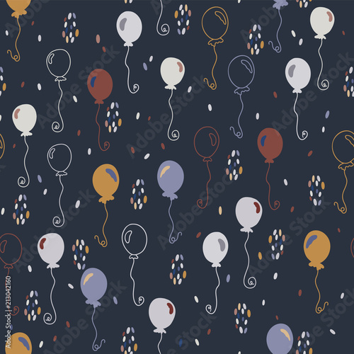 Elegant Party Balloons Vector Pattern Seamless, Hand Drawn Illustration for Trendy Stationery, Party Invitations, Anniversary Celebrations, Fashion Prints &  Event Posters, Dark Flying with Confetti