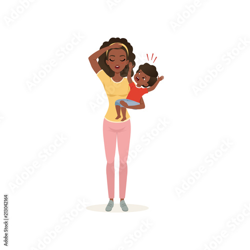 Tired mother holding a crying newborn baby, parenting stress concept, relationship between children and parents vector Illustration on a white background