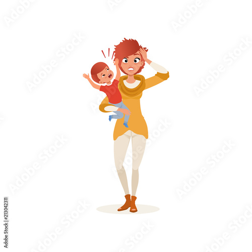 Tired mother with crazy hair holding her screaming son on her hands, parenting stress concept, relationship between children and parents vector Illustration on a white background