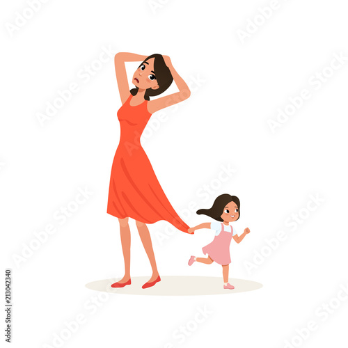 Naughty daughter holding her tired mother for the dress, parenting stress concept, relationship between children and parents vector Illustration on a white background