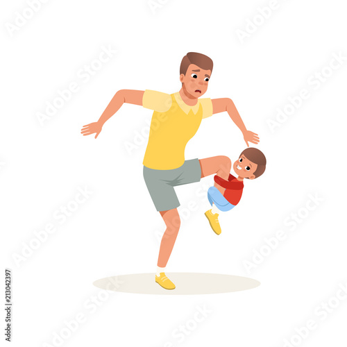 Tired father and his son who wants to play, parenting stress concept, relationship between children and parents vector Illustration on a white background