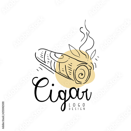 Cigar logo design, emblem can be used for smoke shop, gentlemens club and tobacco products hand drawn vector Illustration on a white background