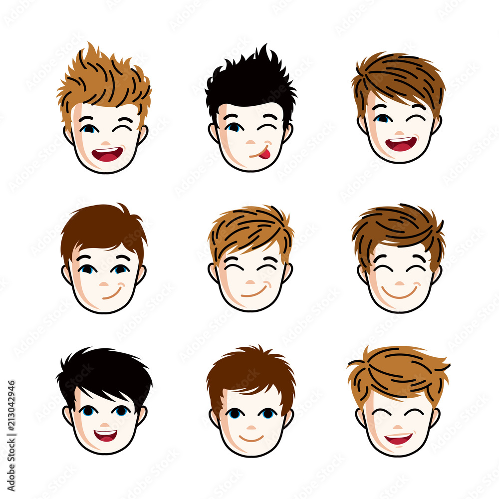 Collection of boys faces expressing different emotions like happiness and making some grimaces, vector human head illustrations. Set of red-haired and brunet teenagers. Collection of boys faces expressing different emotions like happiness and making some grimaces, vector human head illustrations. Set of red-haired and brunet teenagers.