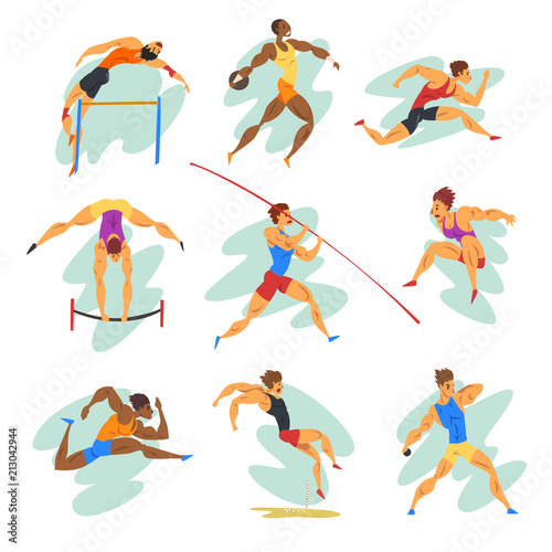 Flat vector set of professional athletes in different actions. Young muscular guys in sportswear. Active people. Olympic sports