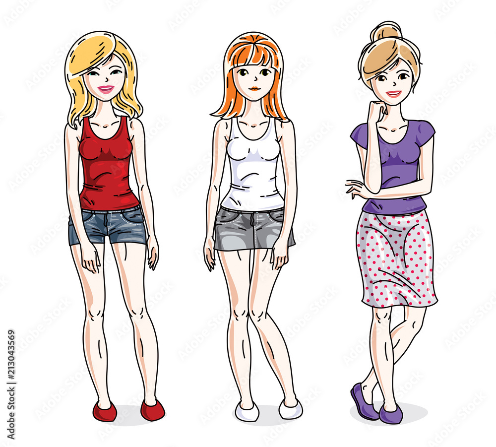 Young beautiful women group standing in stylish casual clothes. Vector characters set. Young beautiful women group standing in stylish casual clothes. Vector characters set.