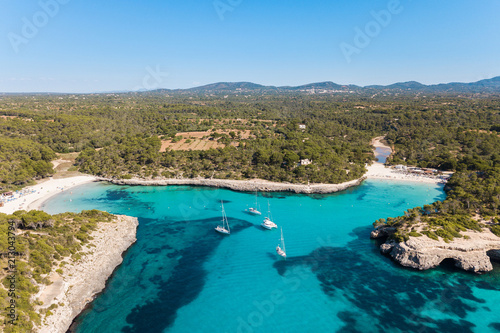 Fototapeta Naklejka Na Ścianę i Meble -  Aerial: The beach of Cala Mondrago in Mallorca, Spain