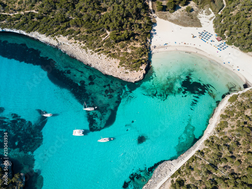 Aerial: The beach of Cala Mondrago in Mallorca, Spain photo