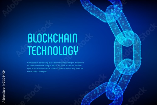 Block chain. Crypto currency. Blockchain concept. 3D wireframe chain with digital blocks. Editable cryptocurrency template. Stock vector illustration.