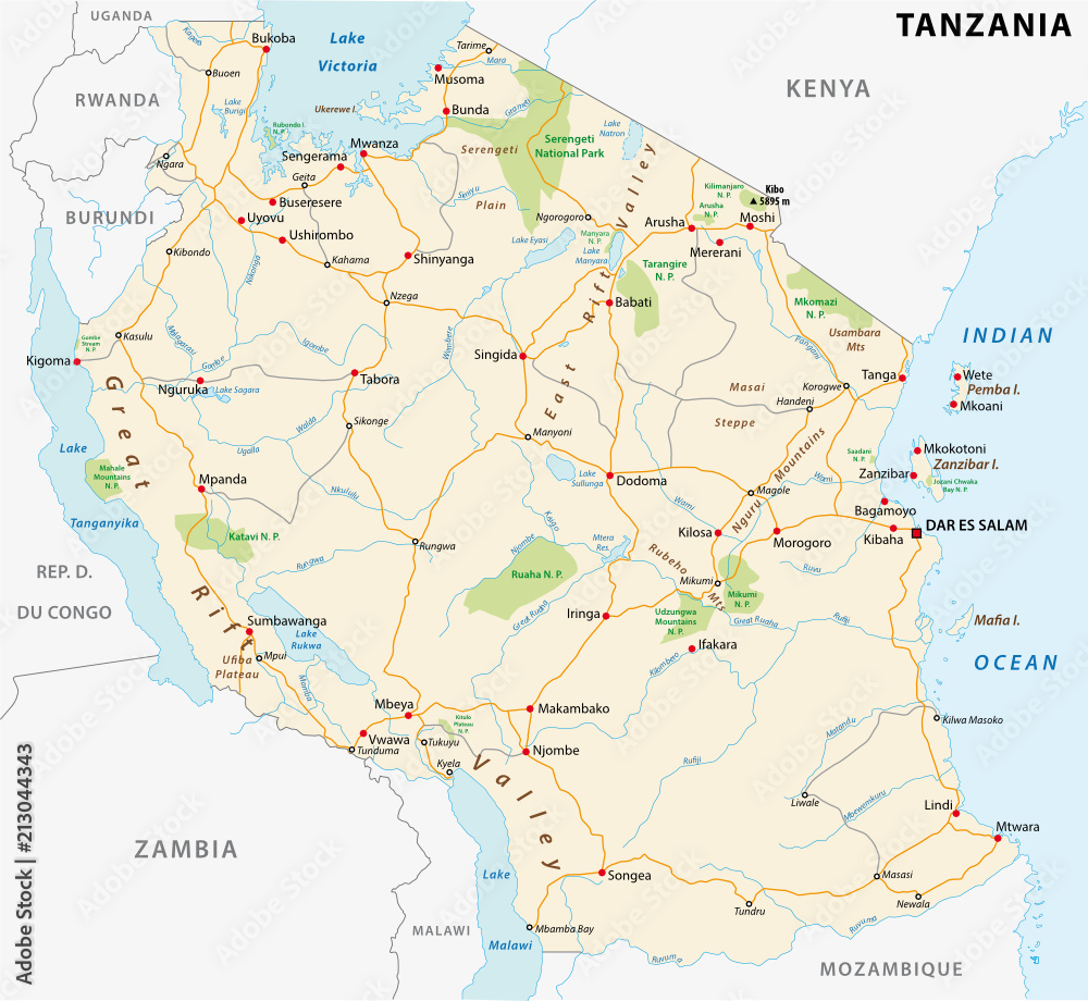 United Republic of Tanzania road vector map