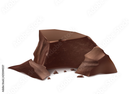 Vector 3d realistic chocolate pieces. Brown delicious bars for packaging mock up, package template. Cocoa tasty product, yummy dark dessert. Design element