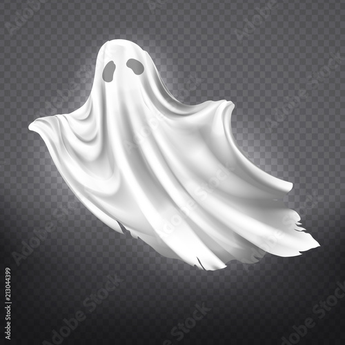 Vector illustration of white ghost, phantom silhouette isolated on transparent background. Halloween spooky monster, scary spirit or poltergeist flying in night. Mystic creature without body