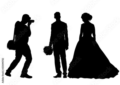 Couple at wedding and photographer on white background